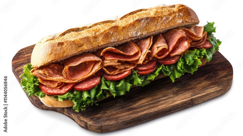 Obraz premium Delicious gourmet sandwich with fresh lettuce and layers of ham served on a rustic wooden cutting board in natural light