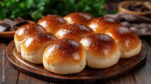 Homemade chocolate-filled rolls beautifully baked and arranged on a rustic wooden platter, ideal for bakery and food advertising. photo