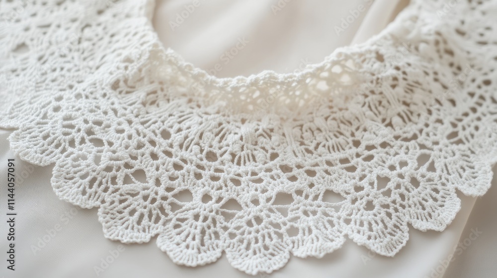 Delicate handmade crochet lace collar showcasing intricate patterns and craftsmanship on soft fabric background Delicate handmade crochet lace collar showcasing intricate patterns and craftsmanship on soft fabric background