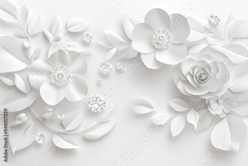 Elegant white paper flowers and leaves arrangement on white background.