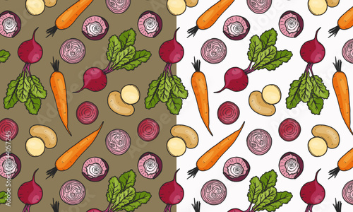 Seamless pattern with vegetables. Potatoes, beets, onions, carrots. Flat vector illustration for design