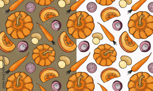 Seamless pattern with vegetables. Potato, pumpkin, onion, carrot. Flat vector illustration