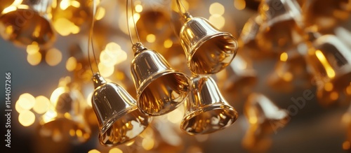Elegant golden bells hanging against a blurred warm background creating a festive and enchanting atmosphere for holiday celebrations.