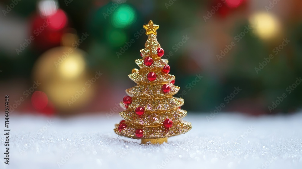 Golden and red festive tree decoration on snowy background with colorful blurred ornaments creating a cheerful holiday atmosphere. Golden and red festive tree decoration on snowy background with colorful blurred ornaments creating a cheerful holiday atmosphere.