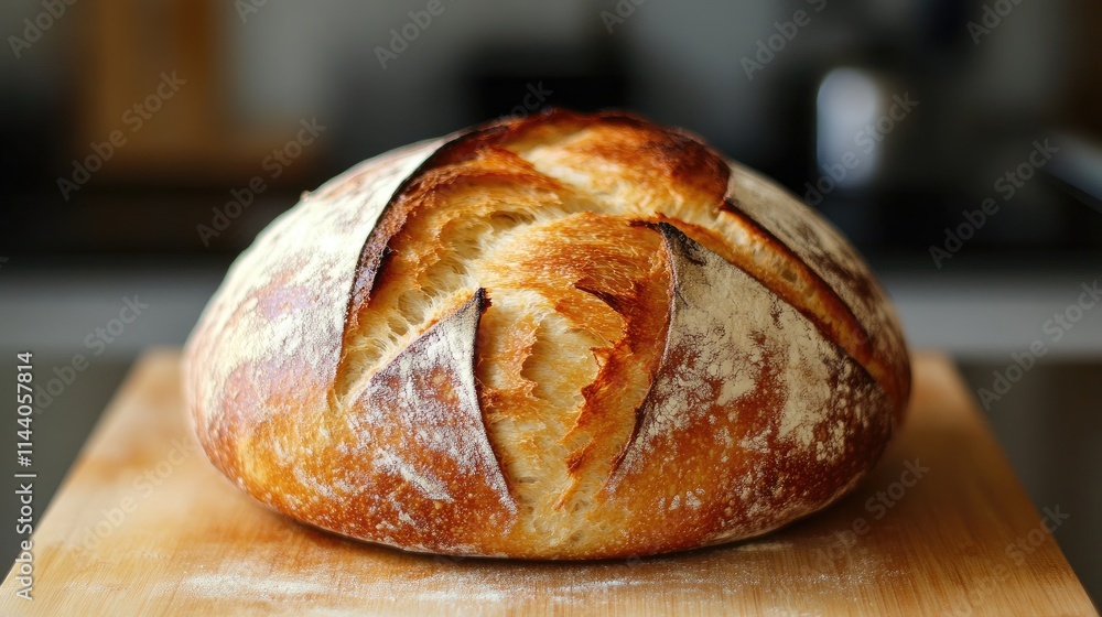 Traditional artisanal bread loaf with golden crust placed on a wooden cutting board in a cozy kitchen setting. Traditional artisanal bread loaf with golden crust placed on a wooden cutting board in a cozy kitchen setting.