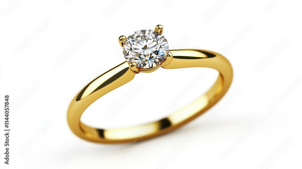Elegant gold engagement ring featuring a sparkling diamond on a pristine white background. Perfect for jewelry advertisements and promotions. Elegant gold engagement ring featuring a sparkling diamond on a pristine white background. Perfect for jewelry advertisements and promotions.