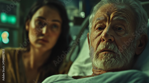 Nurse assisting an elderly man in a hospital room during evening hours with a family member nearby