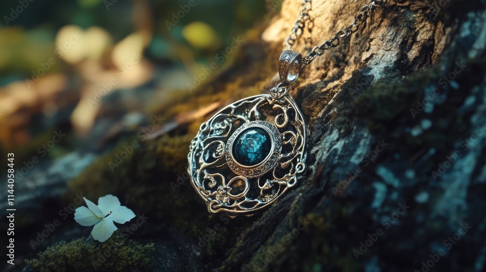 Antique silver necklace with intricate filigree design and blue gemstone resting on mossy tree bark in natural outdoor setting