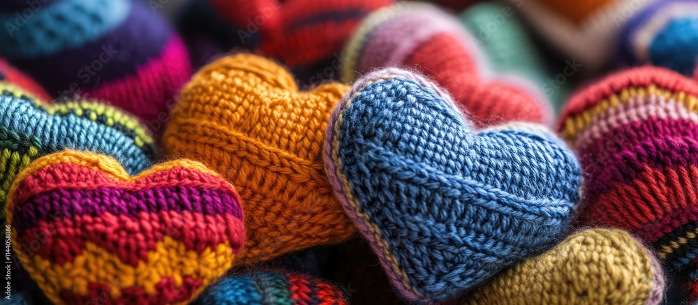 Colorful handmade knitted hearts in various designs stacked together showcasing creativity and craftsmanship in textile art Colorful handmade knitted hearts in various designs stacked together showcasing creativity and craftsmanship in textile art
