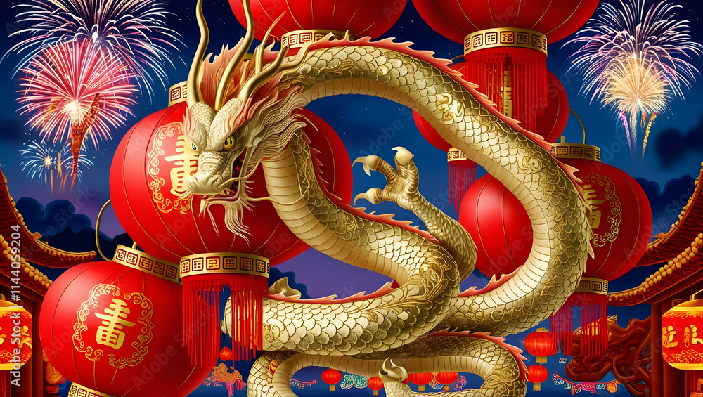 Fototapeta premium Golden Dragon and Lanterns Celebration