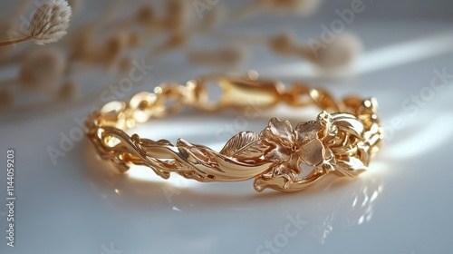 Elegant gold micron floral bracelet showcasing intricate design and craftsmanship on a serene background with soft natural lighting.