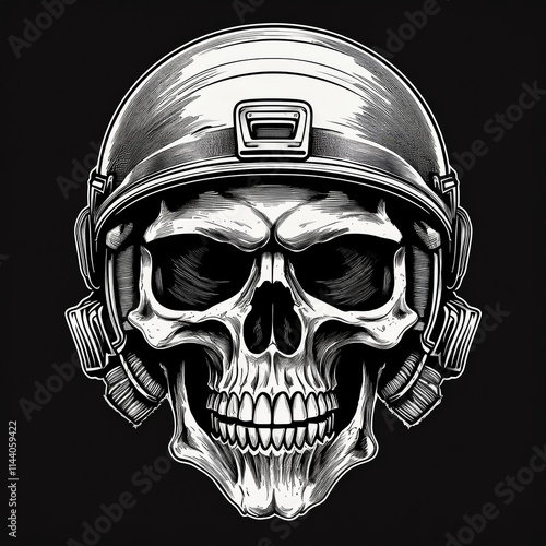 Skull with tactical helmet isolated on black backdrop. Modern art. Print for t-shirt or logo. photo