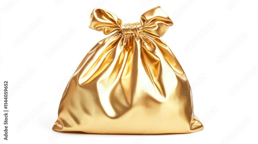 Shiny golden drawstring bag isolated on white background with clipping path for luxury branding and packaging design purposes Shiny golden drawstring bag isolated on white background with clipping path for luxury branding and packaging design purposes