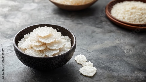 Traditional glutinous rice opak crackers served in a black bowl on a textured grey background with additional rice in the background. photo