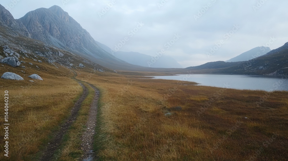Scenic mountain path by the lake in early autumn with subdued colors and misty atmosphere Scenic mountain path by the lake in early autumn with subdued colors and misty atmosphere