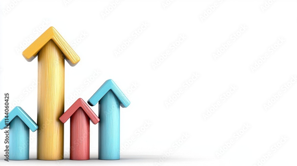 A photostock of stylized upward-pointing arrows in red, yellow, and blue tones, symbolizing financial growth and success, isolated on a clean white background, High Quality A photostock of stylized upward-pointing arrows in red, yellow, and blue tones, symbolizing financial growth and success, isolated on a clean white background, High Quality