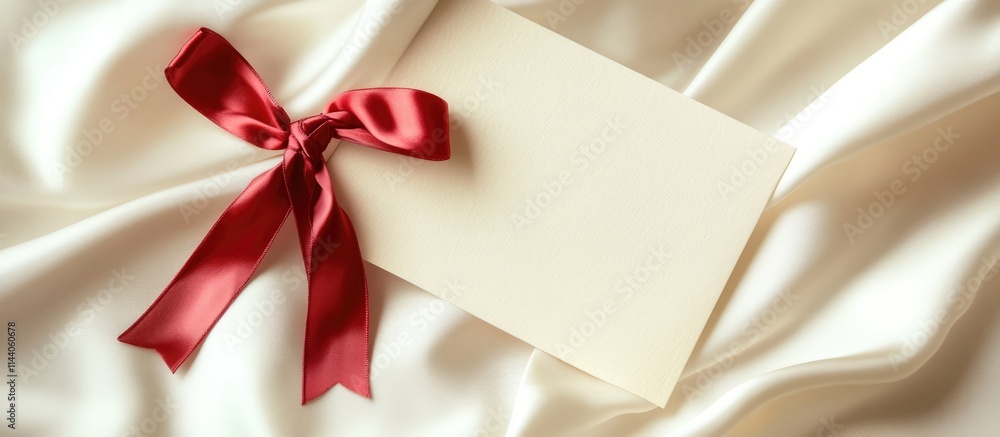 Elegant handmade greeting card with a red ribbon on luxurious white satin fabric background. Perfect for invitations or special messages. Elegant handmade greeting card with a red ribbon on luxurious white satin fabric background. Perfect for invitations or special messages.