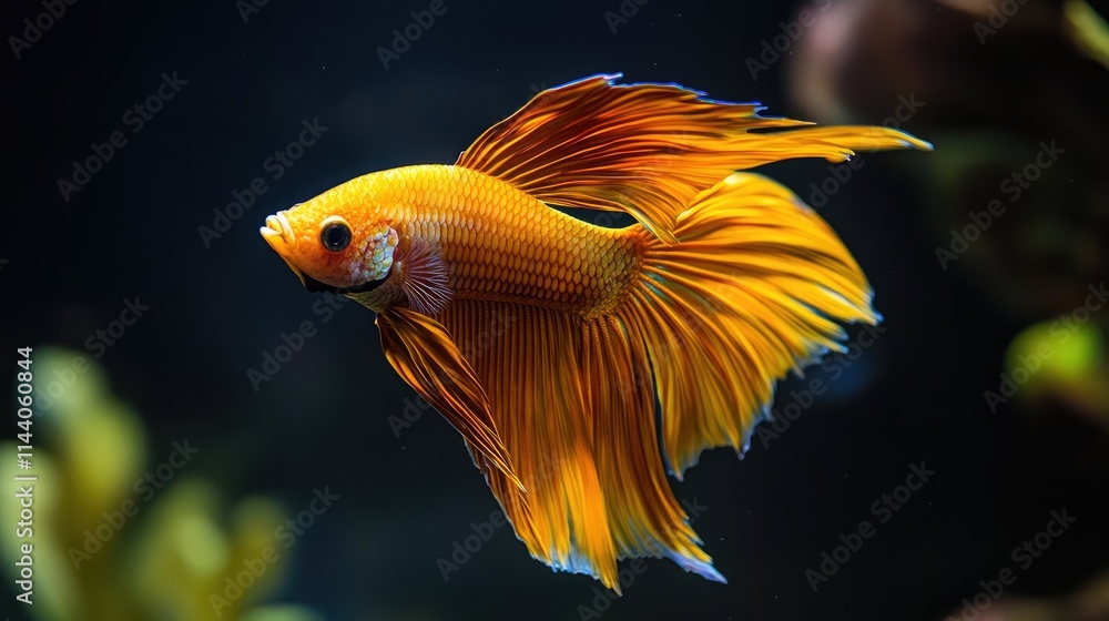 Elegant goldfish swimming gracefully in a vibrant aquarium with soft lighting and lush aquatic plants as a beautiful backdrop. Elegant goldfish swimming gracefully in a vibrant aquarium with soft lighting and lush aquatic plants as a beautiful backdrop.