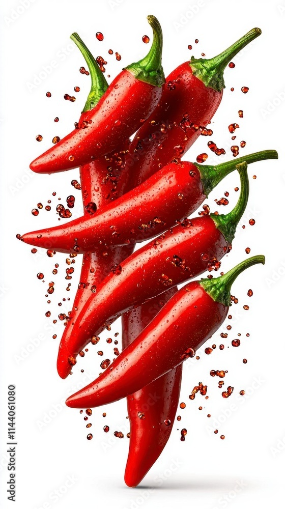 A photostock of vibrant chili peppers bursting with hot sauce splashes and spices mid-air, isolated on a clean white background, fiery and appetizing, High Quality A photostock of vibrant chili peppers bursting with hot sauce splashes and spices mid-air, isolated on a clean white background, fiery and appetizing, High Quality