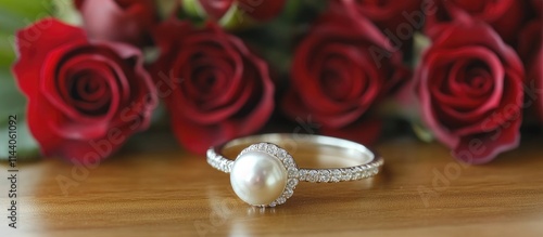 Elegant pearl ring with red roses representing love and romance perfect for wedding gifts and engagement proposals. Luxurious jewelry concept. photo