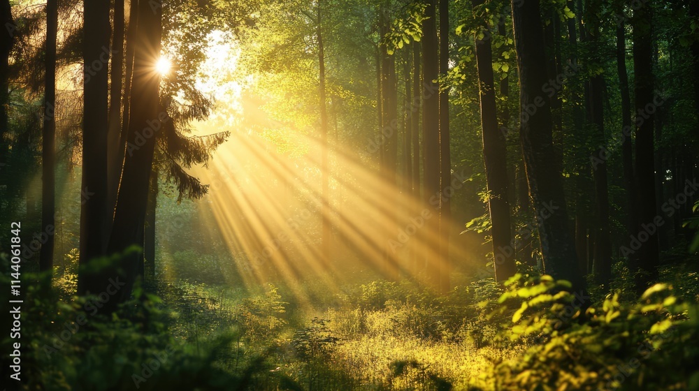 Obraz premium Golden sunlight filtering through lush forest trees creating a serene and magical atmosphere