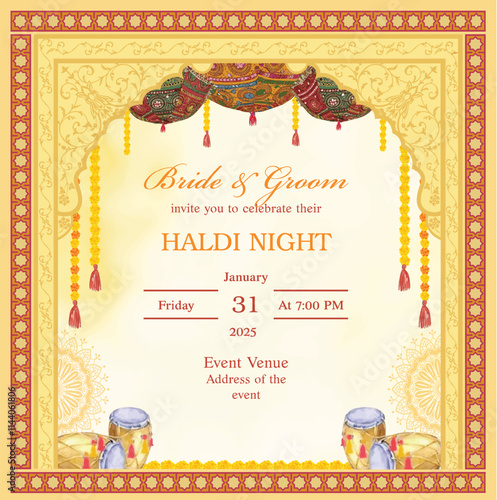 Mughal arch Indian haldi night invitation card. Holud invitation card with decorative parasol and drum.