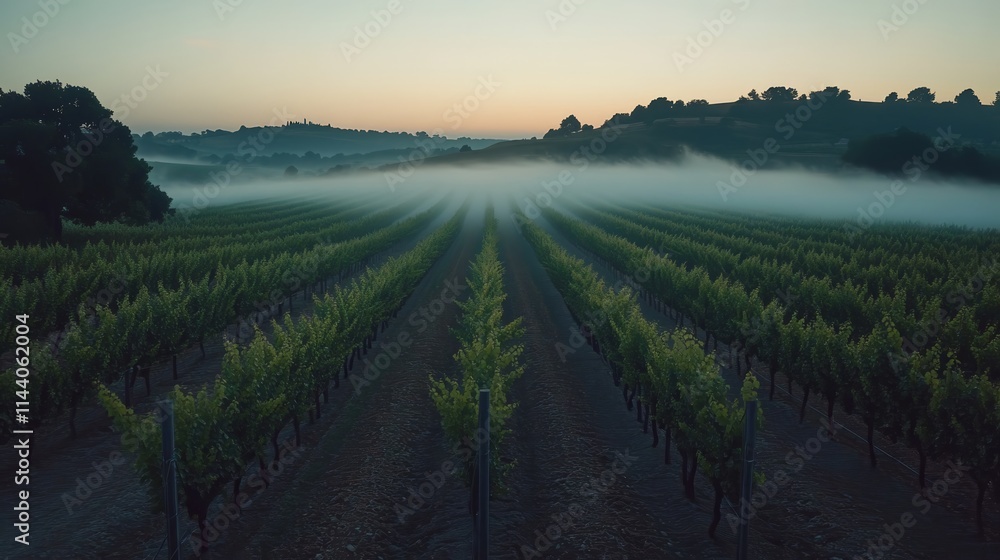 Fototapeta premium Misty Morning Vineyard Rows, Serene Sunrise Landscape