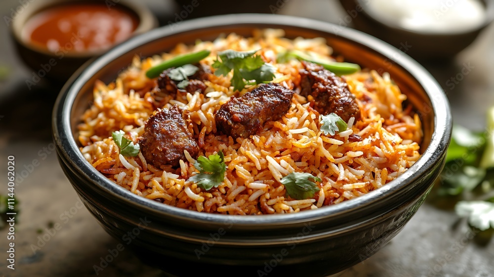 Deliciously plated biryani photo served in ceramic bowl, wide shot.. AI Generated Deliciously plated biryani photo served in ceramic bowl, wide shot.. AI Generated