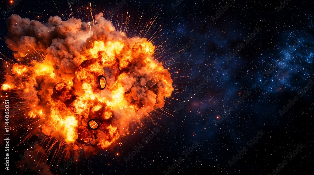 A dramatic explosion illuminates the dark expanse of space, showcasing fiery clouds and vibrant colors amidst the cosmic background. A dramatic explosion illuminates the dark expanse of space, showcasing fiery clouds and vibrant colors amidst the cosmic background.
