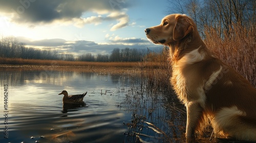 Golden and Labrador Retrievers engaged in duck hunting retrieving waterfowl in serene natural setting during golden hour sunlight photo