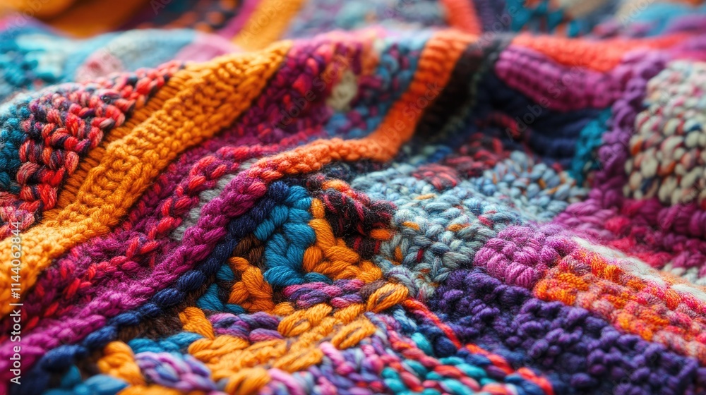 Vibrant hand knitted textile pattern showcasing intricate textures and rich color combinations in closeup detail. Vibrant hand knitted textile pattern showcasing intricate textures and rich color combinations in closeup detail.