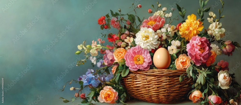 Easter greeting card design with a basket full of vibrant flowers and a decorative egg on a soft pastel background Easter greeting card design with a basket full of vibrant flowers and a decorative egg on a soft pastel background
