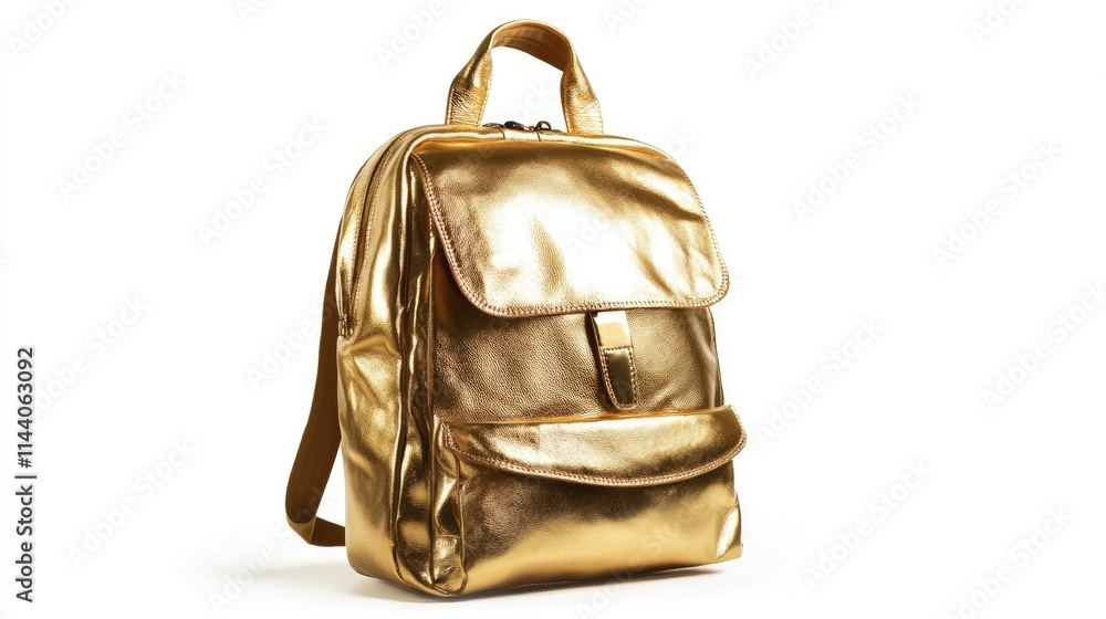 Stylish gold leather backpack with flap and pocket placed on a clean ...