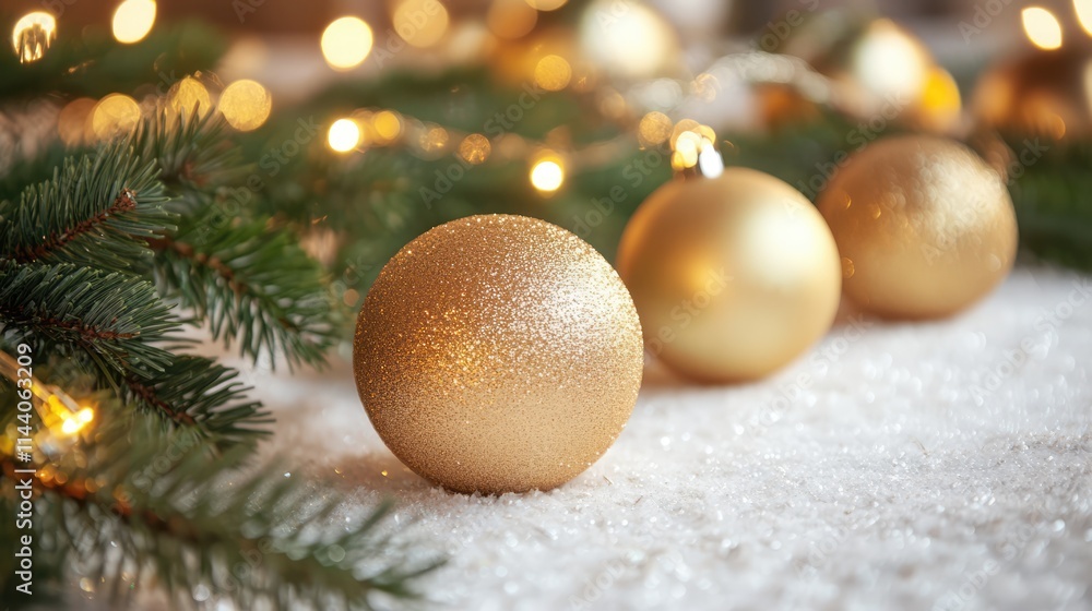 Golden festive ornaments with fairy lights and fir branches on textured background creating a cozy holiday atmosphere for seasonal celebrates Golden festive ornaments with fairy lights and fir branches on textured background creating a cozy holiday atmosphere for seasonal celebrates