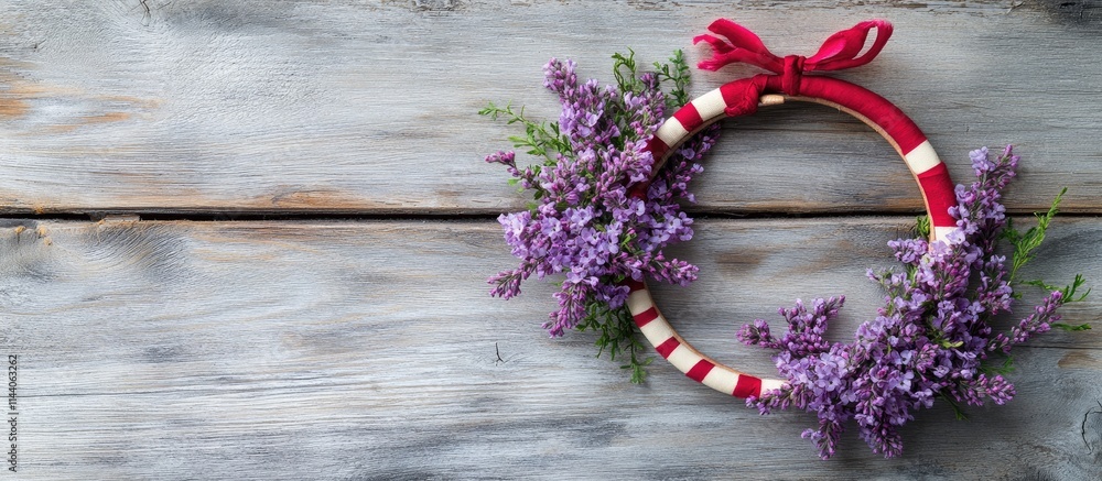 Handcrafted hoop adorned with vibrant purple flowers and a decorative red and white hair band on a rustic wooden surface. Handcrafted hoop adorned with vibrant purple flowers and a decorative red and white hair band on a rustic wooden surface.