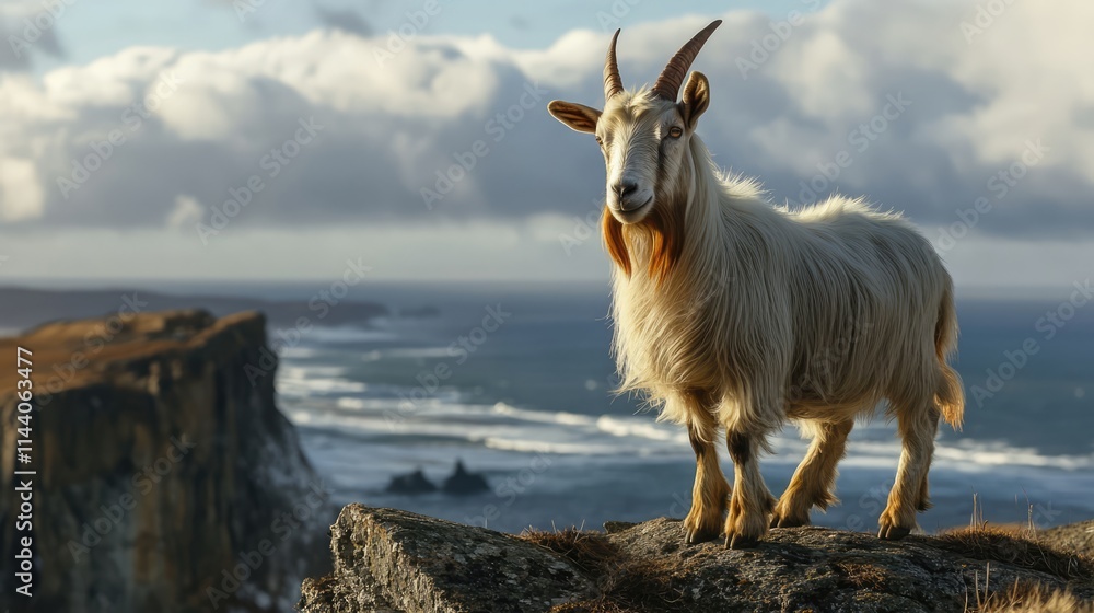 Obraz premium Majestic goat standing on rocky coast with ocean waves and dramatic clouds in the background showcasing nature's beauty and wilderness.