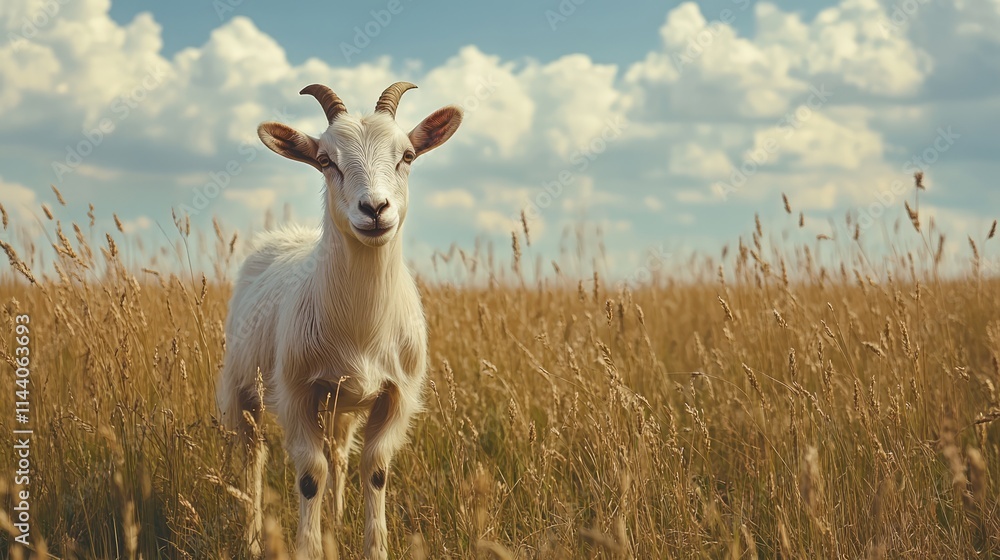 Playful goat standing in a sunny green field surrounded by tall grass with a blue sky and clouds in the background showcasing nature's beauty. Playful goat standing in a sunny green field surrounded by tall grass with a blue sky and clouds in the background showcasing nature's beauty.