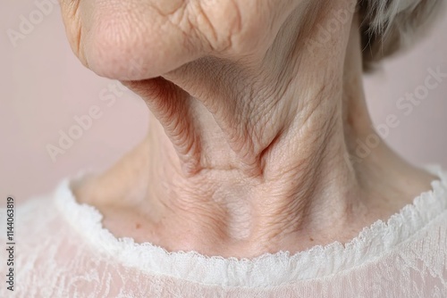 Close-up of the neck area, showing wrinkles and skin texture around the collarbone, on an older woman's face photo