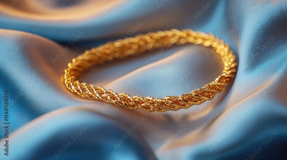 Elegant gold bracelet resting on luxurious silk fabric showcasing intricate design and craftsmanship. Elegant gold bracelet resting on luxurious silk fabric showcasing intricate design and craftsmanship.