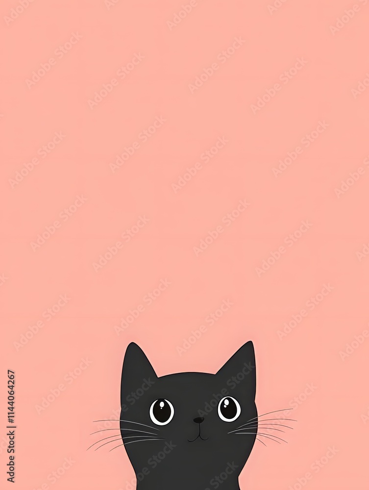 Cute Black Cat Looking Up on Pink Background. Cute Black Cat Looking Up on Pink Background.