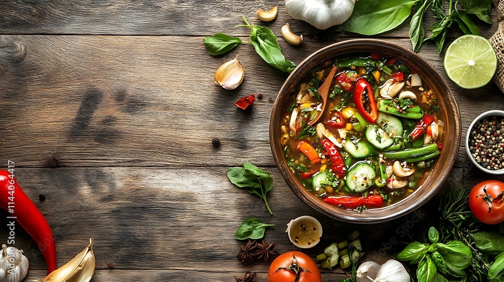 Savory soup dish artfully presented on rustic wood photo wide shot. AI Generated Savory soup dish artfully presented on rustic wood photo wide shot. AI Generated