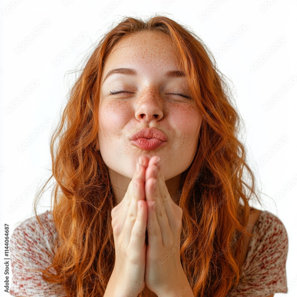 Young woman with curly red hair blowing a kiss and praying with closed eyes against a light background Young woman with curly red hair blowing a kiss and praying with closed eyes against a light background