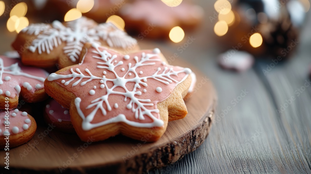 Festive handmade cookies with icing on a wooden platter surrounded by warm bokeh lights for a cozy holiday atmosphere Festive handmade cookies with icing on a wooden platter surrounded by warm bokeh lights for a cozy holiday atmosphere