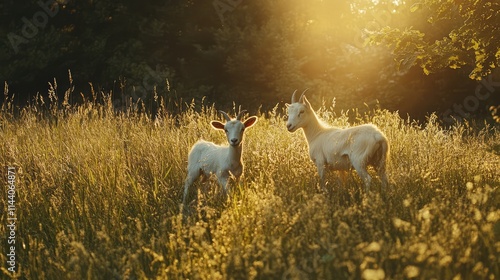 Young goats playing in a sunlit meadow surrounded by tall grass creating a serene pastoral scene in nature photo