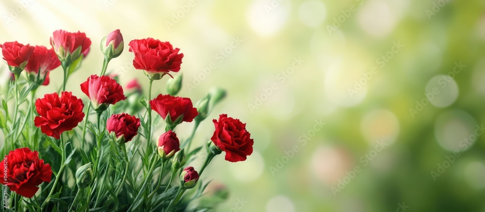 Vibrant red and green carnations with blurred background emphasizing natural beauty and ample copy space for text or design elements Vibrant red and green carnations with blurred background emphasizing natural beauty and ample copy space for text or design elements