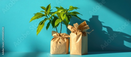 Eco-friendly gift packaging in craft paper with a plant on a vibrant blue backdrop promoting sustainable and zero waste practices photo