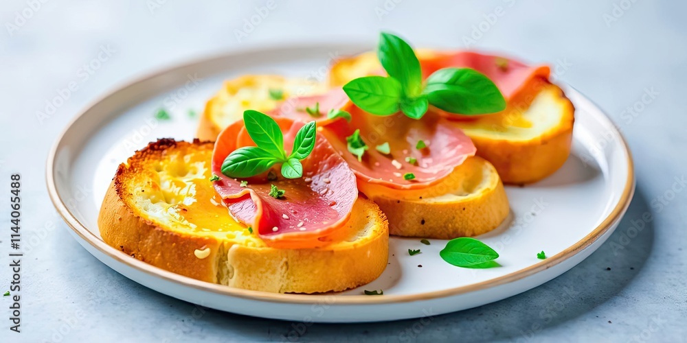 Delectable toasted bread topped with savory cured meat, sweet fruit spread, and fresh basil garnish served on elegant plate Delectable toasted bread topped with savory cured meat, sweet fruit spread, and fresh basil garnish served on elegant plate
