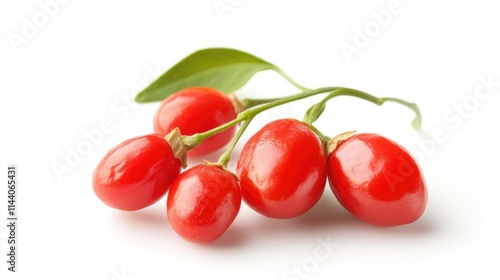 Fresh organic goji berries with green leaf on white background showcasing health benefits and natural nutrition in food photography