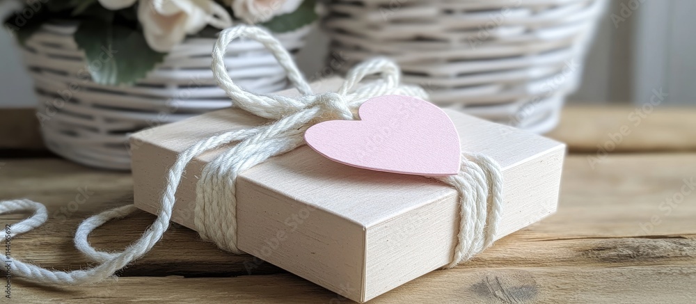 Gift box wrapped in recycled paper adorned with white rope and a pink heart tag on wooden surface surrounded by floral decor Gift box wrapped in recycled paper adorned with white rope and a pink heart tag on wooden surface surrounded by floral decor