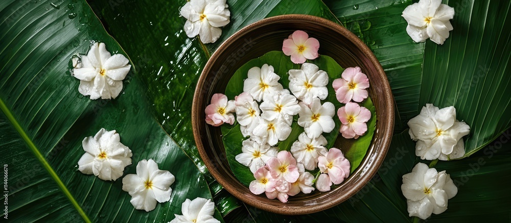 Jasmine and rose floral arrangement in a bowl with fragrant perfume on banana leaves for festive celebrations and new year rituals Jasmine and rose floral arrangement in a bowl with fragrant perfume on banana leaves for festive celebrations and new year rituals